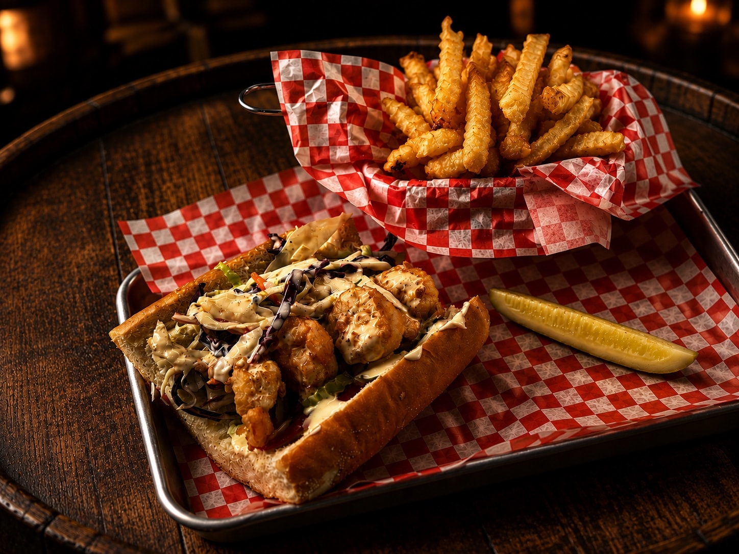 Seafood sandwich with crinkle fries