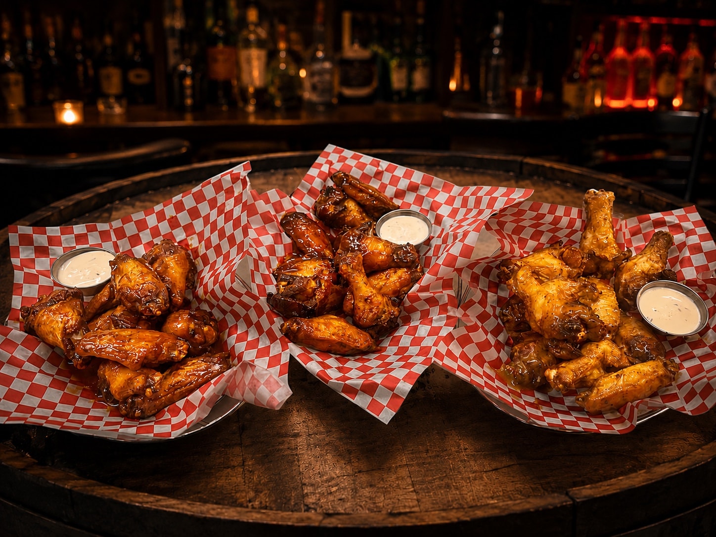 Three baskets of wings with dipping sauce