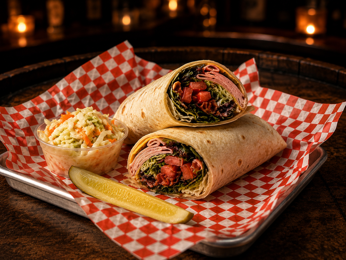 Deli wraps with slaw and pickle